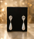 Crystal Halo Pear Earrings with White Pearl Drop 1.25" tall