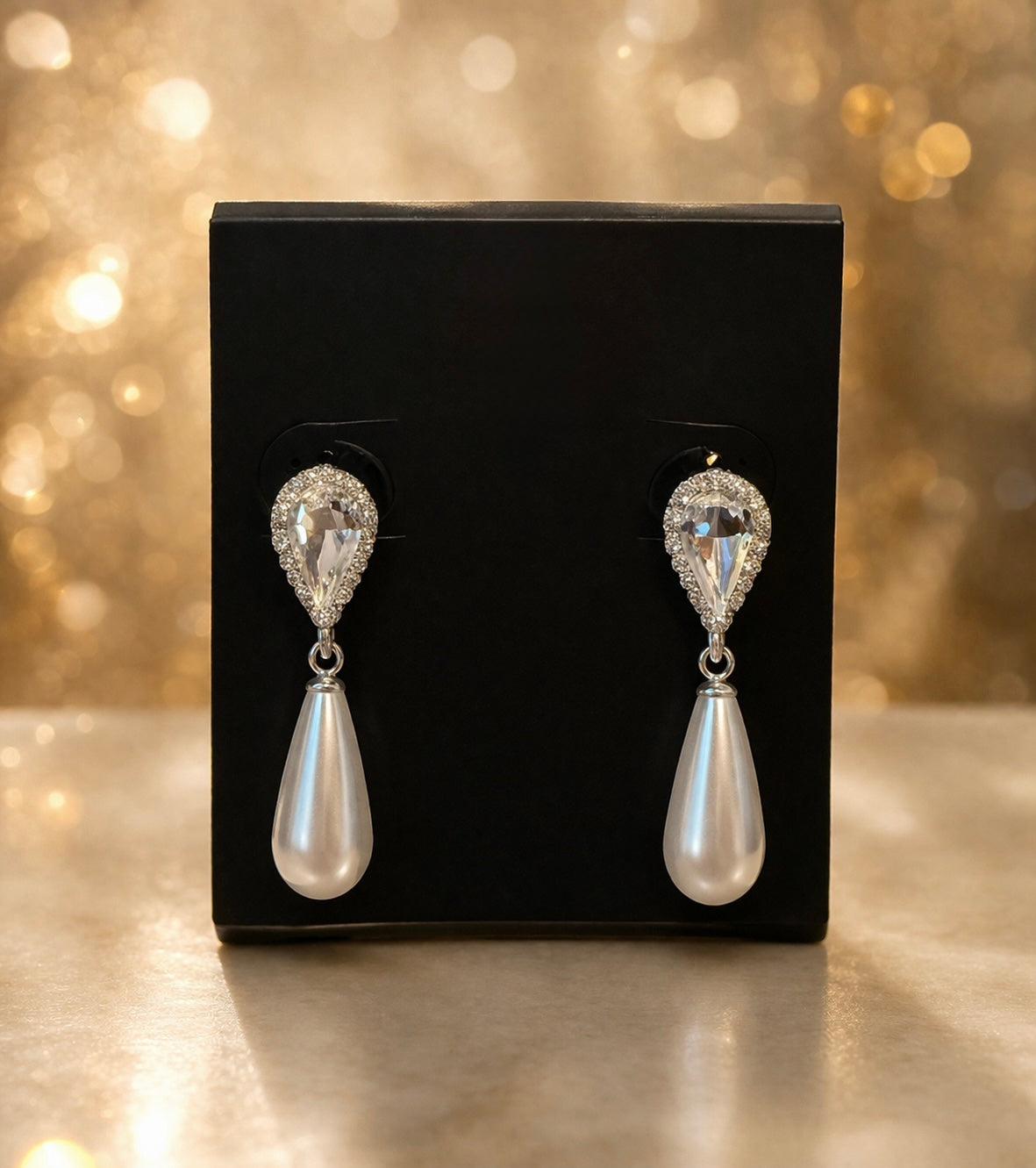 Crystal Halo Pear Earrings with White Pearl Drop 1.25" tall
