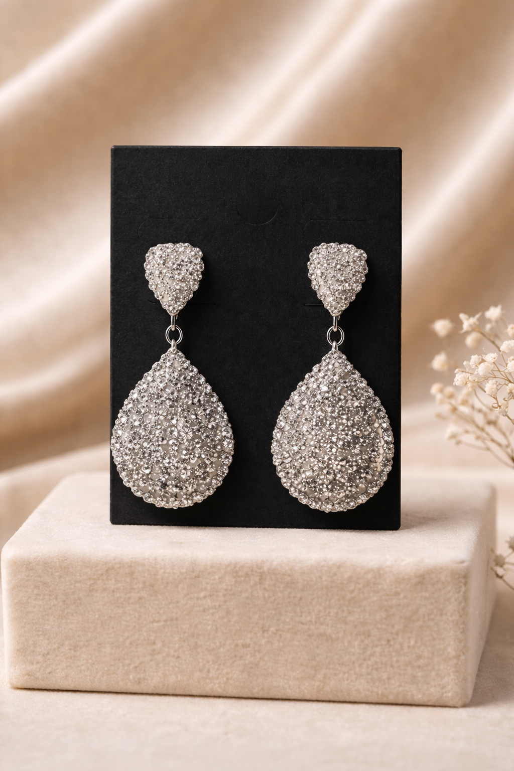 Rhinestone Pave Teardrop Earrings 2.25"
