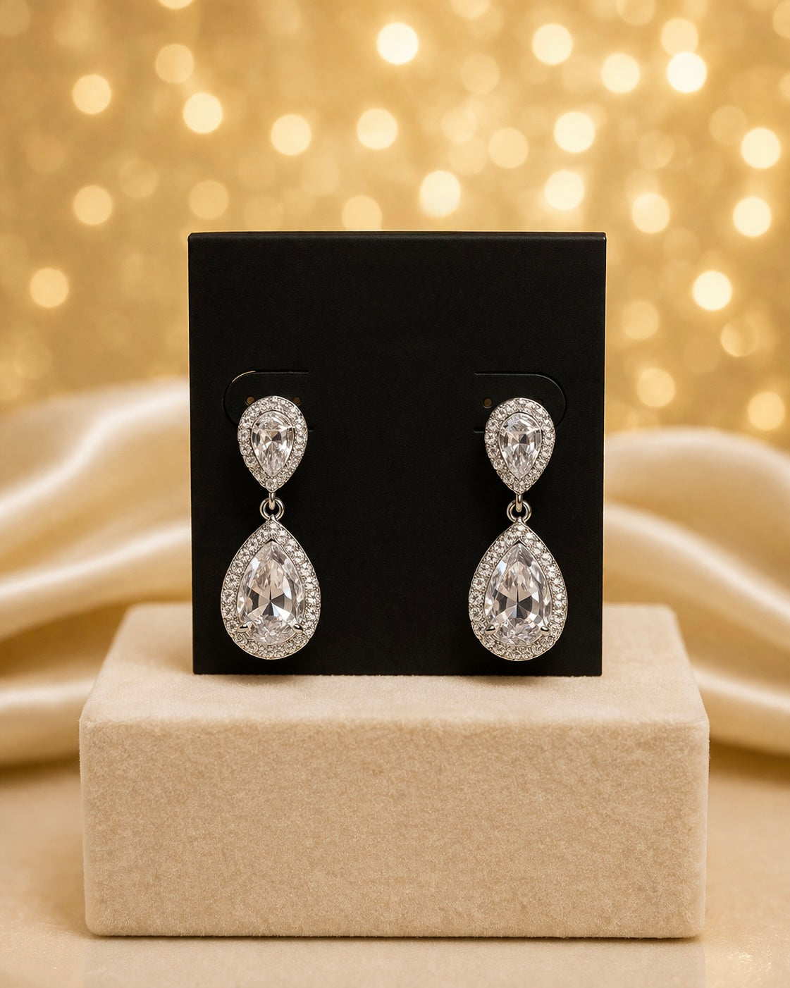 Pear Drop CZ Dangle Earrings 1" tall