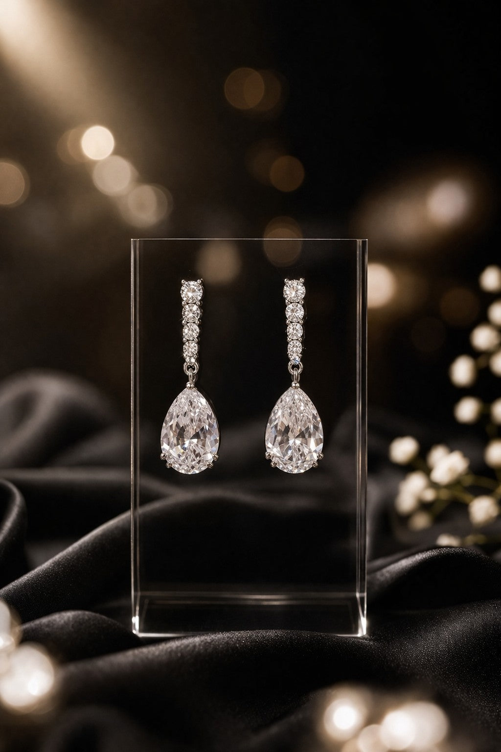 Silver Glimmer Pear Drops CZ Earrings 1.25" tall