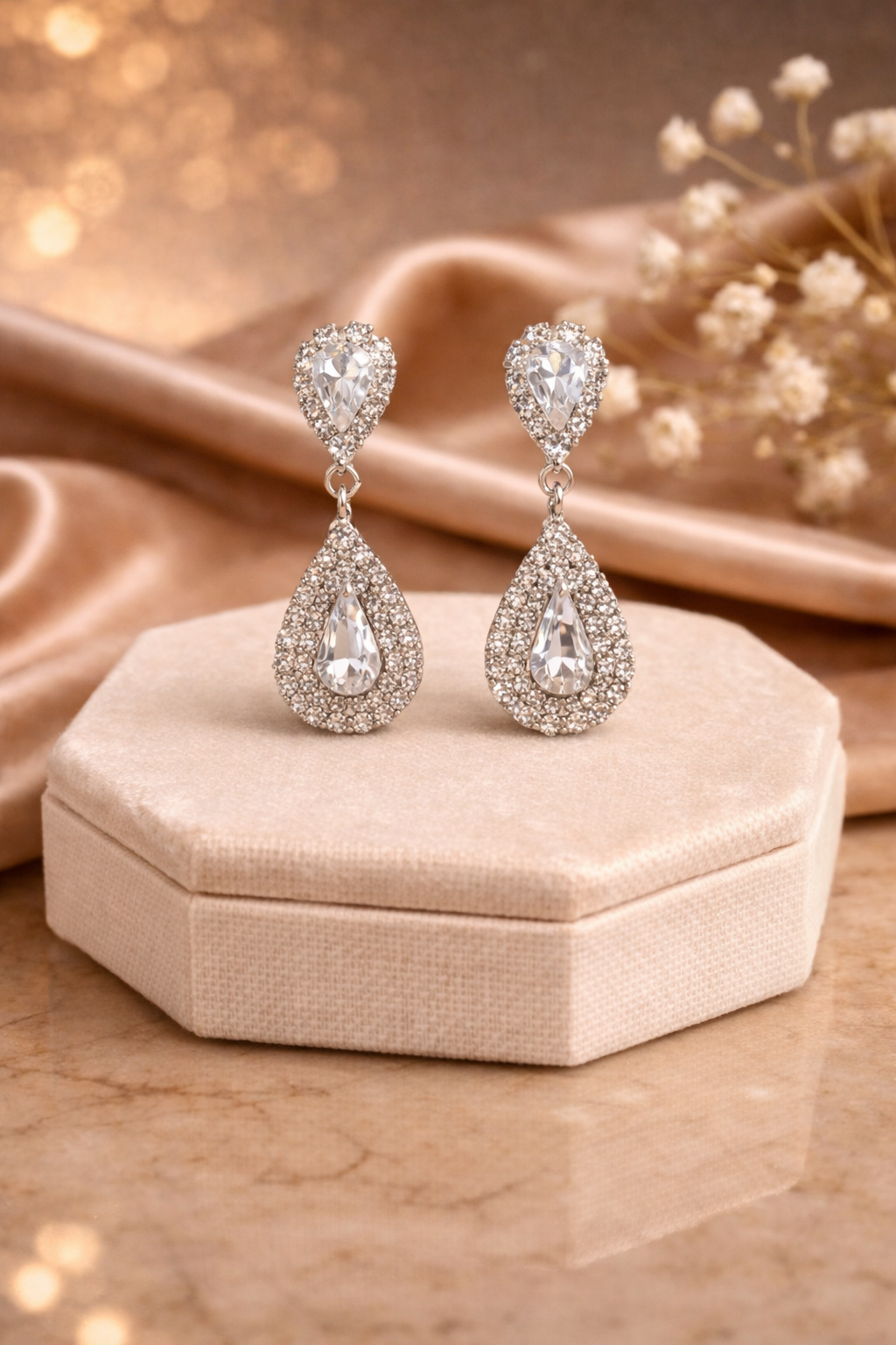 Framed Pear Drop Rhinestone Earrings 1.5"