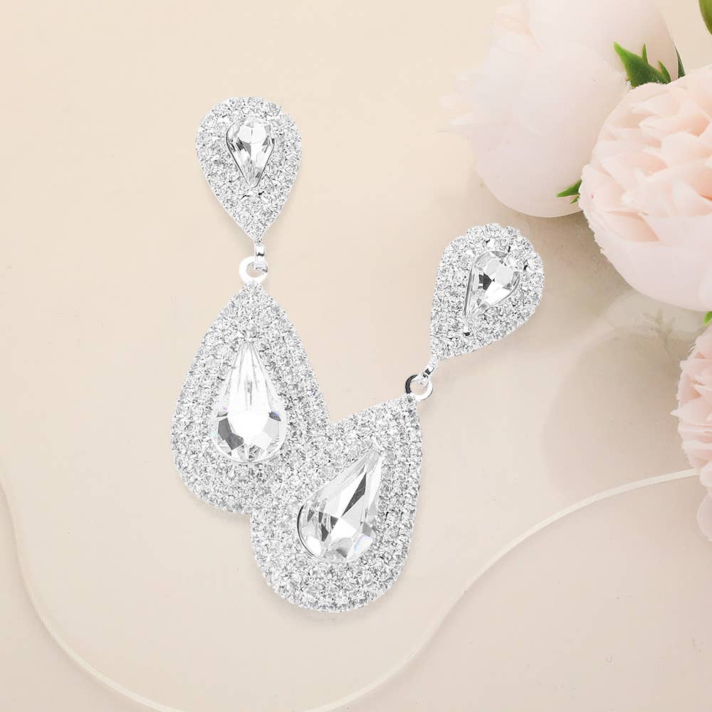 Rhinestone Trim Teardrop Stone Accented Evening Earrings