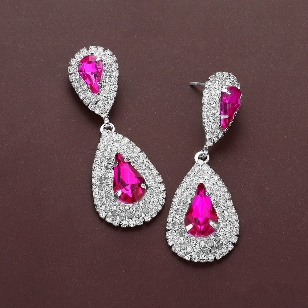 Teardrop Stone Centered Rhinestone Paved Rim Dangle Evening